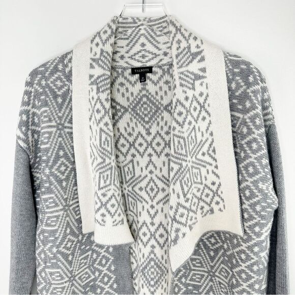 Talbots Cream Gray Patterned Cashmere Wool Open Front Thick Comfy Cardigan Sz M - Picture 3 of 10